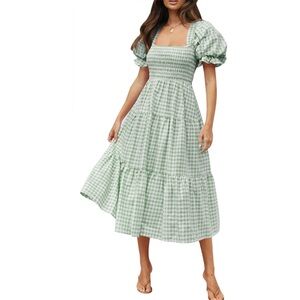 Green Gingham Puff Sleeve Midi Dress
